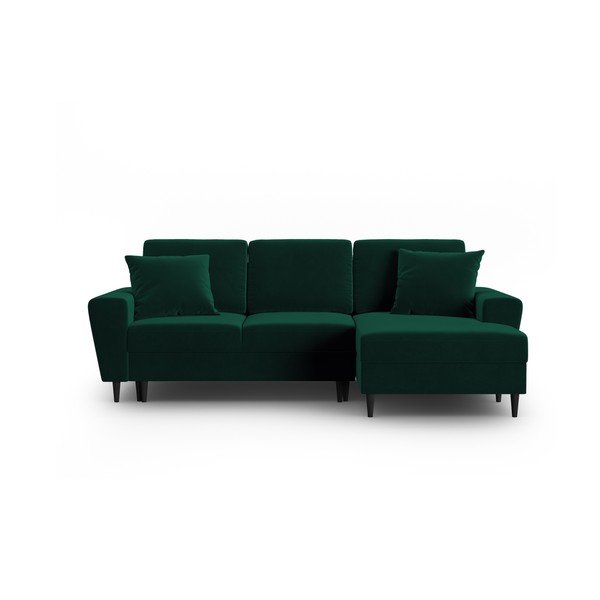 Zielony aksamitny rozkładany narożnik ze schowkiem (prawostronny/z szezlongiem) Kyoto – Cosmopolitan Design