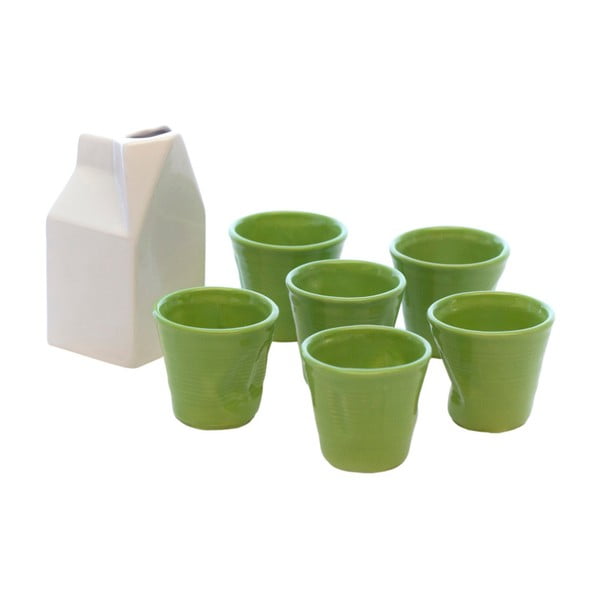 Biało-zielony zestaw mlecznika i 6 filiżanek do espresso Kaleidos Milk
