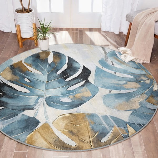 Niebieski okrągły dywan odpowiedni do prania ø 150 cm Golden Leaves – Mila Home-image-1