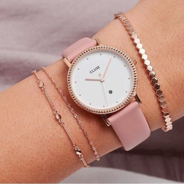 Damski zegarek z różowym skórzanym paskiem Cluse Le Couronnement-image-1
