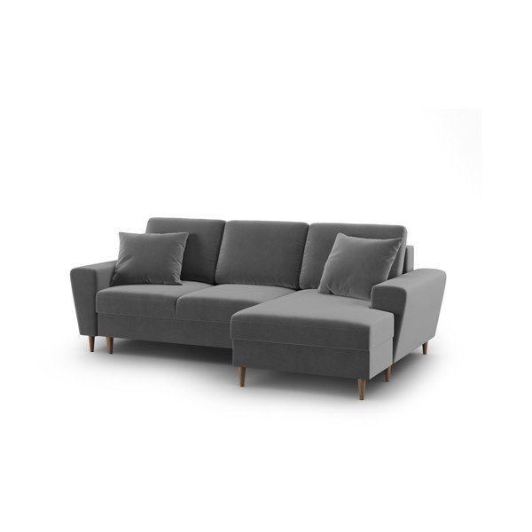 Jasnoszary aksamitny rozkładany narożnik ze schowkiem (prawostronny/z szezlongiem) Kyoto – Cosmopolitan Design-image-1