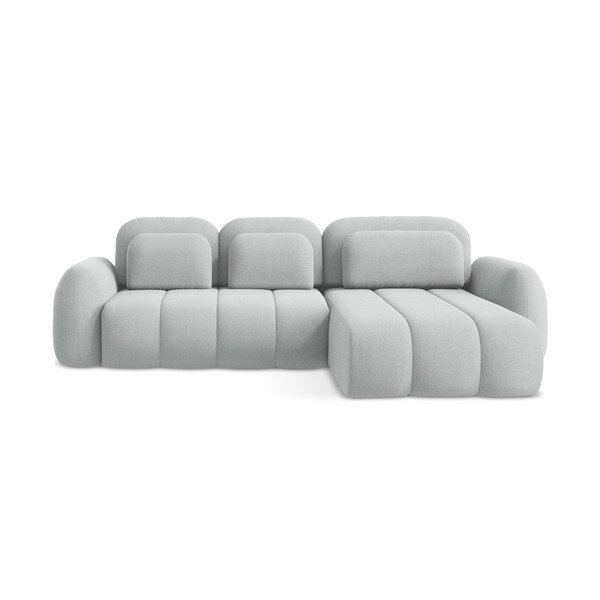 Jasnoszary rozkładany narożnik z materiału bouclé ze schowkiem (prawostronny/z szezlongiem) Pele – Makamii