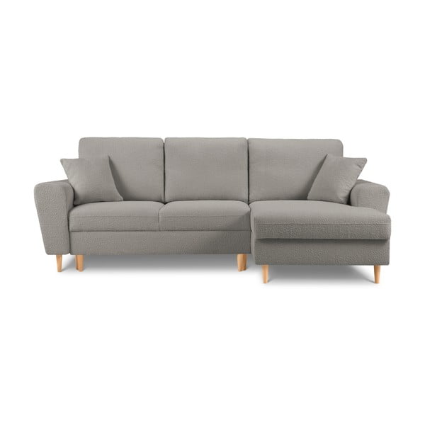 Jasnoszary rozkładany narożnik ze schowkiem z materiału bouclé (prawostronny/z szezlongiem) Kyoto – Cosmopolitan Design