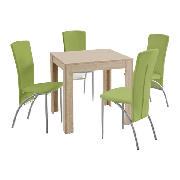Komplet stołu i 4 zielonych krzeseł Støraa Lori Nevada Duro Oak Green