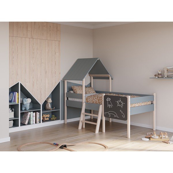 Szarozielone łóżko dziecięce z litego drewna sosnowego w kształcie domku/podwyższone ze stelażem 90x190 cm Mint – Marckeric-image-1