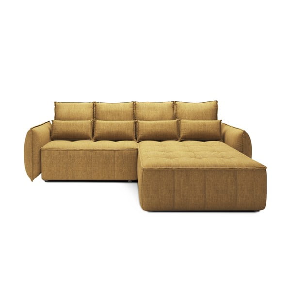 Żółty aksamitny rozkładany/ze schowkiem narożnik (prawostronny/z szezlongiem) Campo – ELTAP