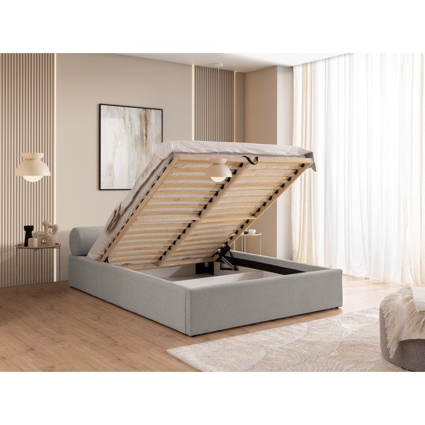 Jasnoszare tapicerowane łóżko dwuosobowe ze schowkiem i stelażem 200x200 cm Cille – Ropez-image-4