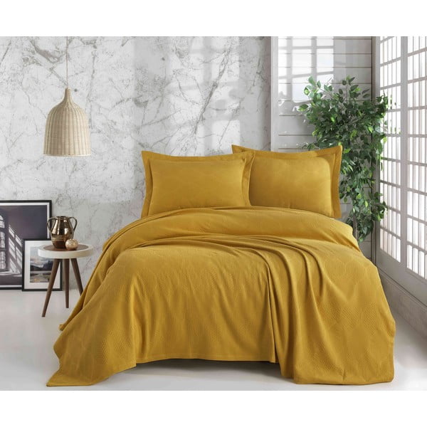 Zestaw pikowanej bawełnianej narzuty na łóżko i 2 poszewek na poduszki Saheser STN Mustard, 220x240 cm