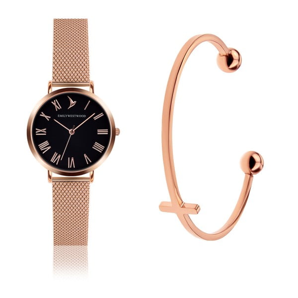 Zestaw damskiego zegarka z nierdzewnym paskiem w złotoróżowym kolorze i bransoletki Emily Westwood Mihna