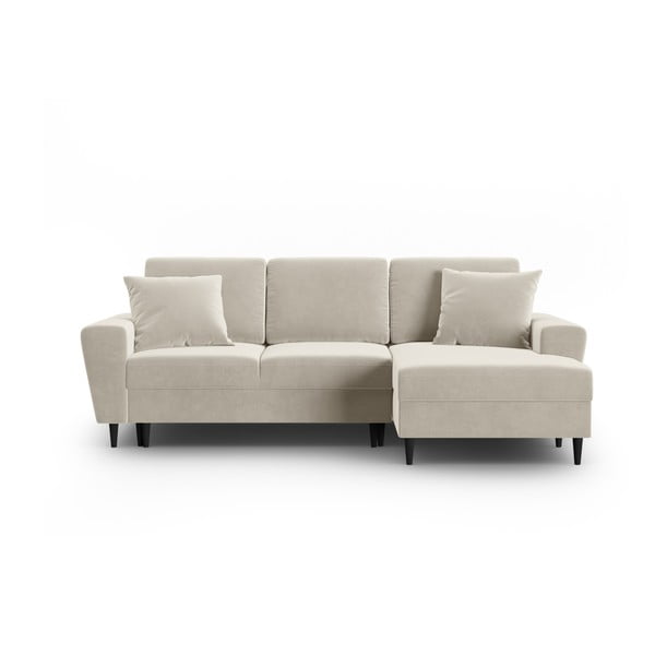 Beżowy aksamitny rozkładany narożnik ze schowkiem (prawostronny/z szezlongiem) Kyoto – Cosmopolitan Design