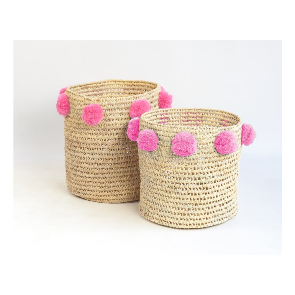 Zestaw 2 koszy z włókien palmowych z różowymi dekoracjami Madre Selva Milo Basket