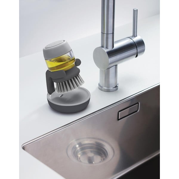 Szara szczotka do mycia naczyń z dozownikiem i stojakiem Joseph Joseph Palm Scrub-image-1