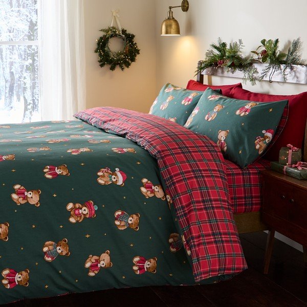 Czerwona/ciemnozielona pościel jednoosobowa 150x120 cm Christmas Tartan Teddy Bear – Catherine Lansfield