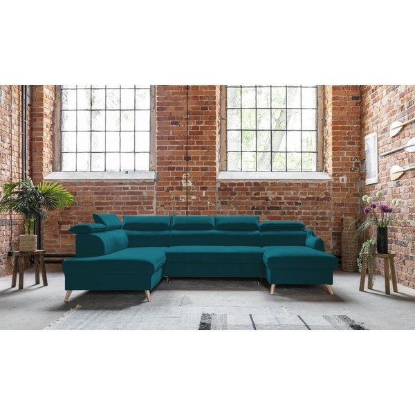 Turkusowy aksamitny rozkładany narożnik (lewostronny/w kształcie litery U) Sweet Harmony – Miuform-image-1