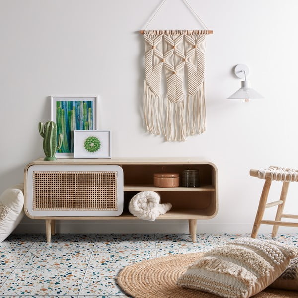 Stołek z drewna tekowego z siedziskiem z liny bawełnianej Kave Home Eclipse-image-4