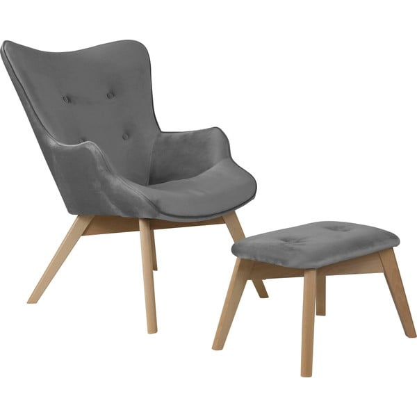 Szary aksamitny fotel z podnóżkiem Niko – Ropez