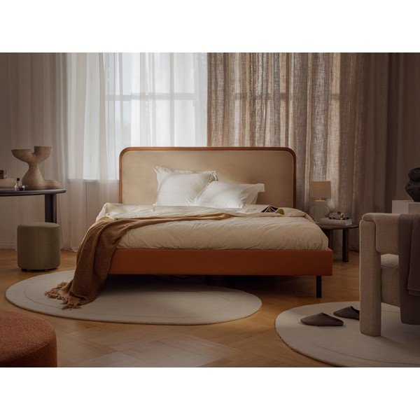 Pomarańczowe tapicerowane łóżko dwuosobowe ze stelażem 180x200 cm Aveline – Micadoni -image-1