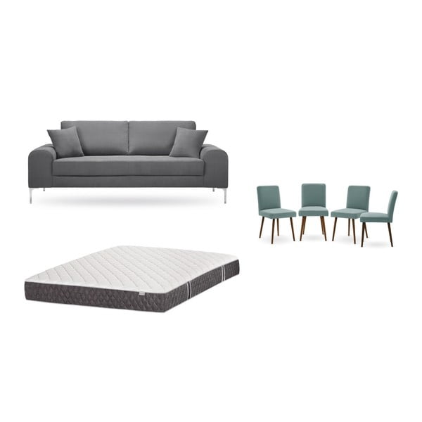 Zestaw 3-osobowej szarej sofy, 4 szarozielonych krzeseł i materaca 160x200 cm Home Essentials