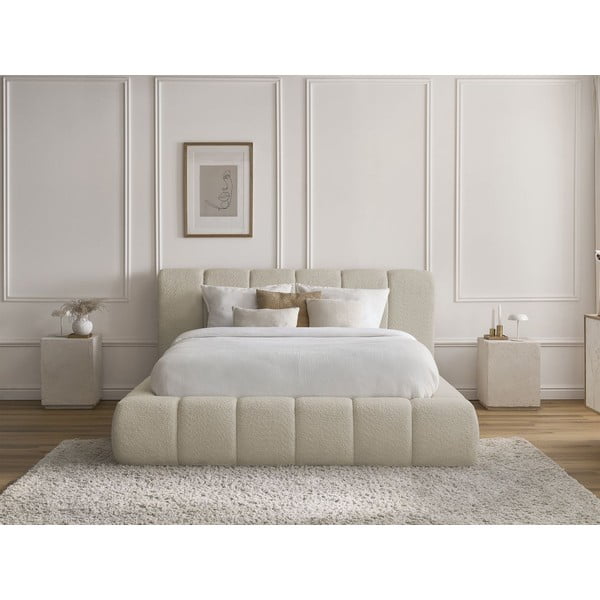 Beżowe tapicerowane łóżko dwuosobowe ze schowkiem i stelażem 180x200 cm Denali – Bobochic Paris-image-1