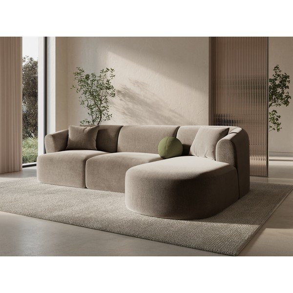 Jasnobrązowy aksamitny narożnik (prawostronny/z szezlongiem) Campi – Cosmopolitan Design-image-1