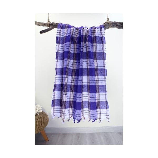 Niebieski ręcznik w kratę Hammam Traditional Style, 80x175 cm