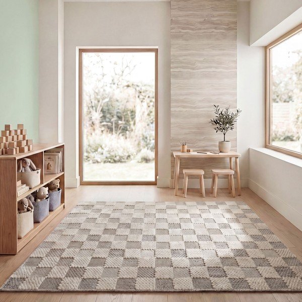 Zielony dywan z mieszanki bawełny odpowiedni do prania 155x230 cm Muted Checkerboard – Flair Rugs-image-1