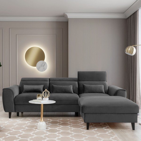 Ciemnoszary aksamitny rozkładany/ze schowkiem narożnik (prawostronny/z szezlongiem) Foble – ELTAP-image-1