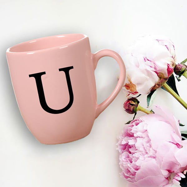 Różowy kubek ceramiczny Vivas Letter U, 330 ml