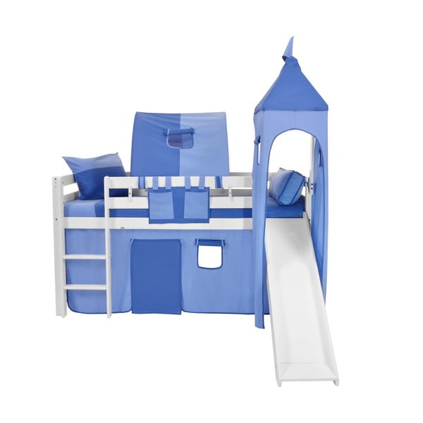 Dziecięce białe łóżko piętrowe ze zjeżdżalnią i niebieskim zamkiem z bawełny Mobi furniture Tom, 200x90 cm