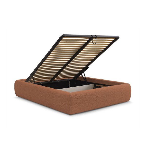 Pomarańczowe tapicerowane łóżko dwuosobowe bez zagłówka ze schowkiem i stelażem 180x200 cm Inera – Bobochic Paris-image-3