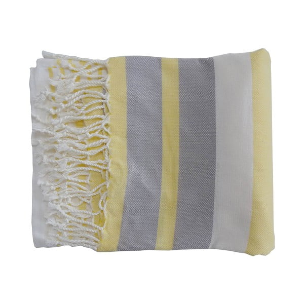 Żółto-szary ręcznik tkany ręcznie z wysokiej jakości bawełny Hammam Rio, 100x180 cm
