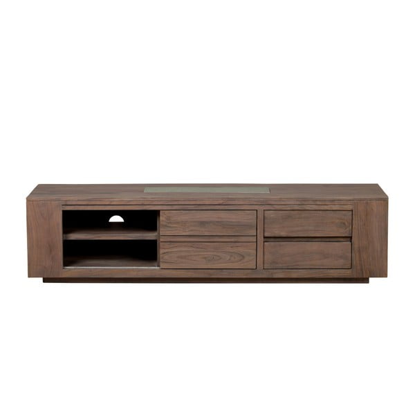Szafka pod TV z szarego drewna akacjowego z przesuwnymi drzwiami i 2 szufladami Woodjam Zara