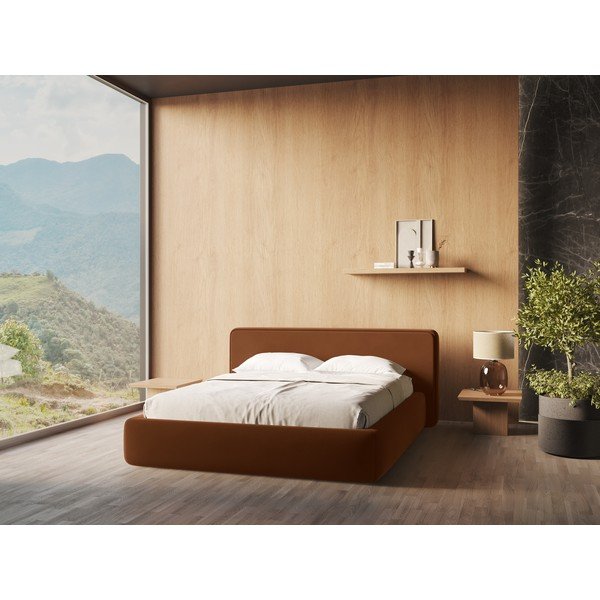 Tapicerowane łóżko dwuosobowe ze schowkiem i stelażem 180x200 cm w kolorze terakoty Kiana – Makamii-image-1