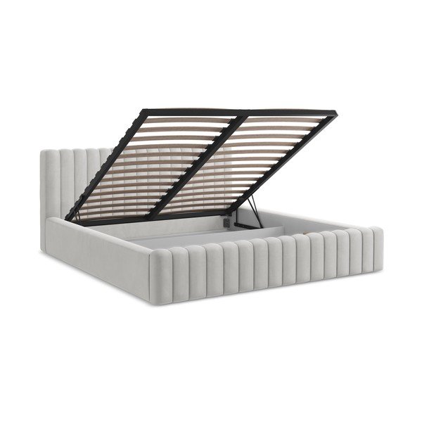 Tapicerowane łóżko dwuosobowe ze schowkiem ze stelażem 140x200 cm w kolorze srebra Lemi – Makamii-image-3