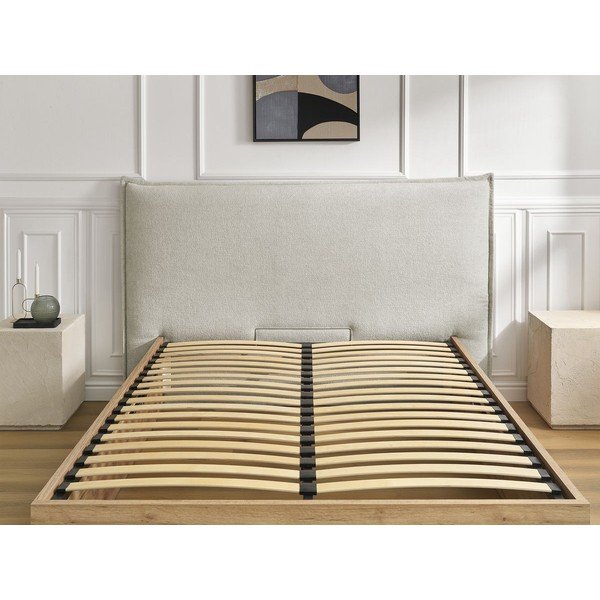 Kremowe tapicerowane tapicerowane/z płyty wiórowej łóżko dwuosobowe ze schowkiem ze stelażem 160x200 cm Charlie – Bobochic Paris-image-4