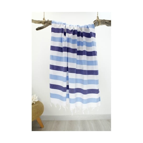 Biało-niebieski ręcznik hammam Rainbow Style Navy, 100x180 cm