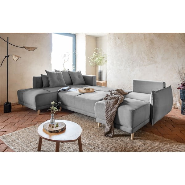 Szary sztruksowy rozkładany narożnik (lewostronny/w kształcie litery U) Lazy Lukka – Miuform-image-1