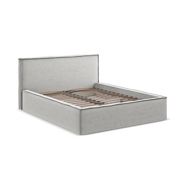 Jasnoszare tapicerowane łóżko dwuosobowe ze schowkiem i stelażem 180x200 cm Anani – Makamii
