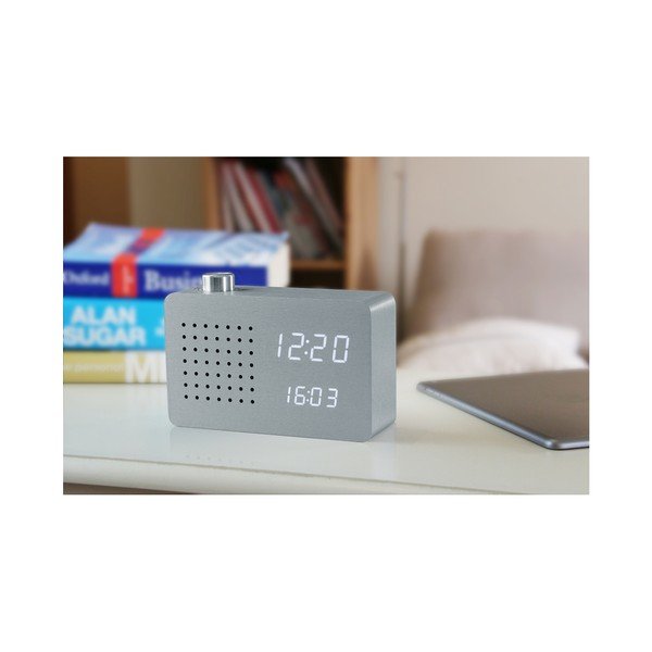 Szary budzik z białym wyświetlaczem LED i radiem Gingko Radio Click Clock-image-2