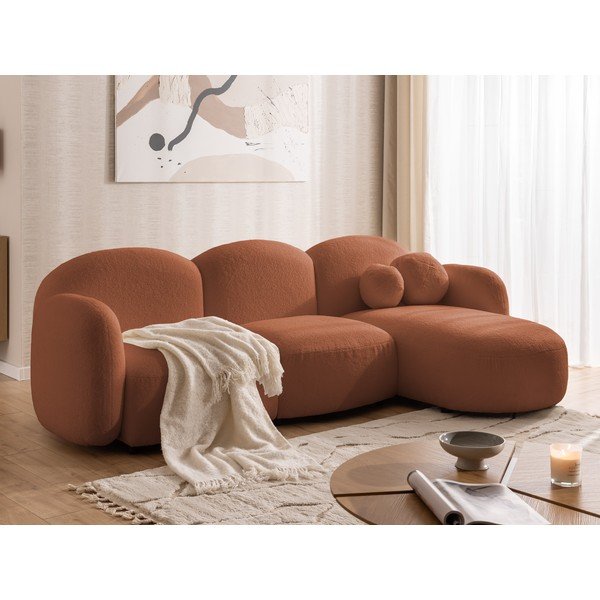 Narożnik z materiału bouclé (prawostronny/z szezlongiem) w kolorze terakoty Orbit – Ropez-image-4