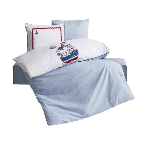 Biało-niebieska bawełniana pościel dziecięca do łóżeczka z prześcieradłem/4-częściowa 100x150 cm Miniyo – Mijolnir