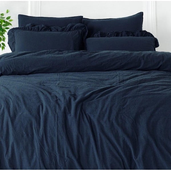 Ciemnoniebieska pościel jednoosobowa z bawełny renforcé 140x200 cm Ruffle Striped – Mila Home Luxury-image-2