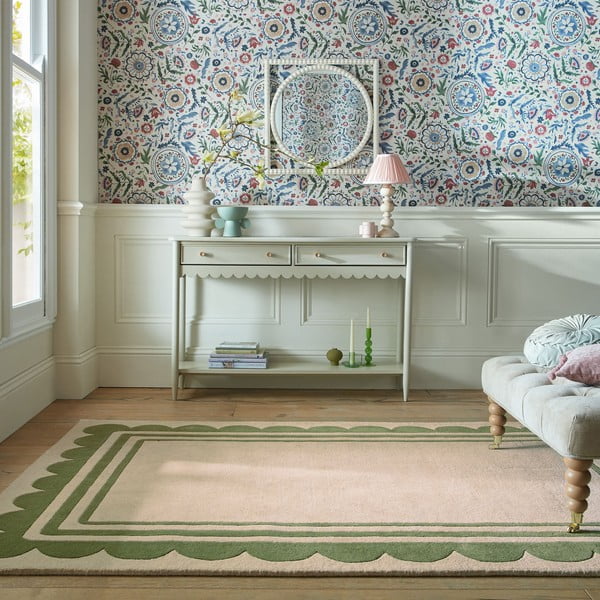 Zielono-naturalny wełniany dywan tkany ręcznie 120x170 cm Lois Scallop – Flair Rugs-image-1