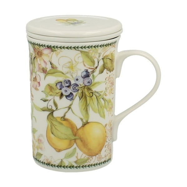 Kubek porcelanowy z sitkiem z motywem kwiatów Duo Gift Lemon, 300 ml