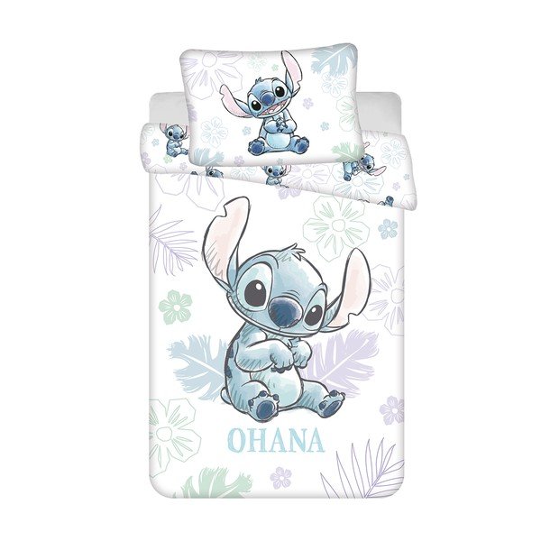 Biała bawełniana pościel dziecięca do łóżeczka 100x135 cm Lilo and Stitch "Ohana White" – Jerry Fabrics