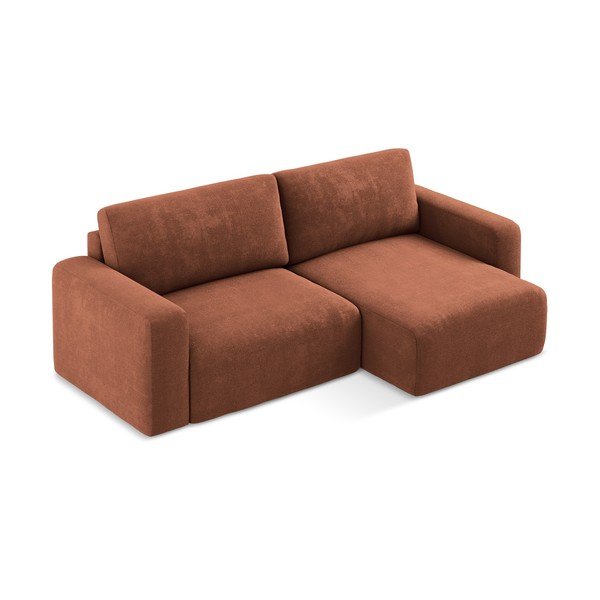 Rozkładany/ze schowkiem narożnik z tkaniny szenilowej (prawostronny/z szezlongiem) w kolorze terakoty Kona – Makamii-image-2