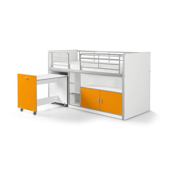 Biało-pomarańczowe łóżko piętrowe z wysuwanym biurkiem i schowkiem Vipack, 200x90 cm