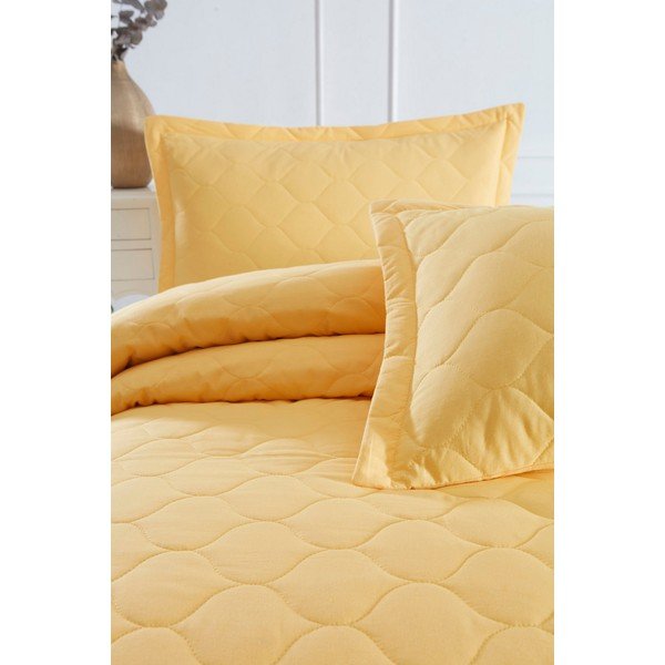 Żółta narzuta z 2 poszewkami na poduszki z bawełny ranforce EnLora Home Fresh, 225x240 cm-image-1