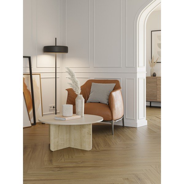 Kremowy/w naturalnym kolorze okrągły stolik w dekorze dębu ø 80 cm Hillary – Marckeric-image-1