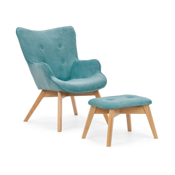 Turkusowy sztruksowy fotel z podnóżkiem Niko – Ropez